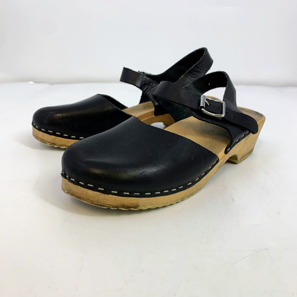 Lotta's Black Leather Clogs with‎ Adjustable Strap, Wooden Sole, Women's Shoes